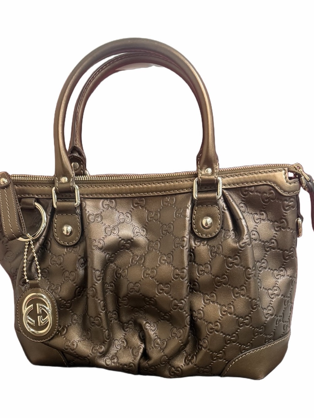 Gucci Metallic Brown Embossed Logo Satchel with Charm